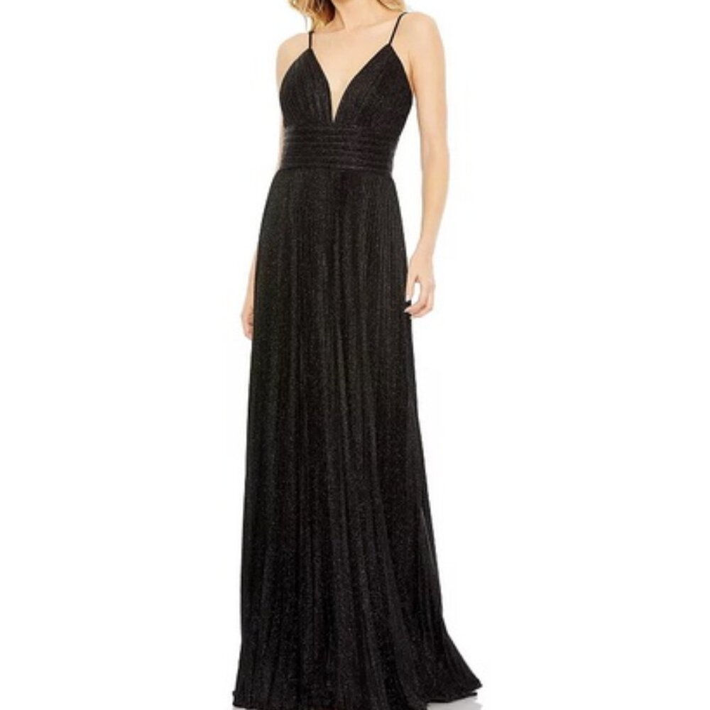 Mac Duggal Black Shimmer Pleated Plunge Neck Criss Cross Back Gown